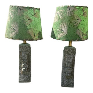 Mid Century Lamps With Green and White Bases and Original Shades-a Pair For Sale