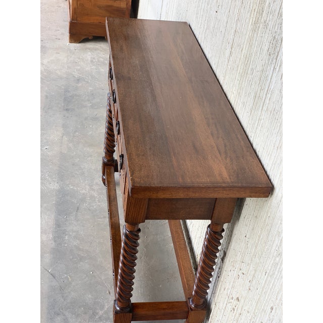 Wood 18th Carved Two-Drawer Baroque Spanish Walnut Console Table With Iron Hardware For Sale - Image 7 of 13
