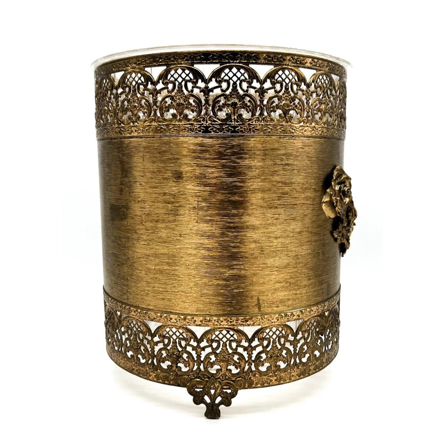 Vintage Brass Wastebasket With Rose Motif, Filigree Trim, and