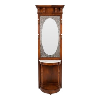 Vintage Victorian-Style Wood Hall Tree With Etched Mirror & Marble Shelf For Sale