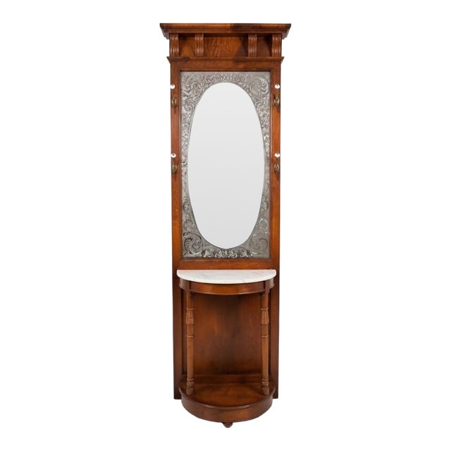Vintage Victorian-Style Wood Hall Tree With Etched Mirror & Marble Shelf For Sale