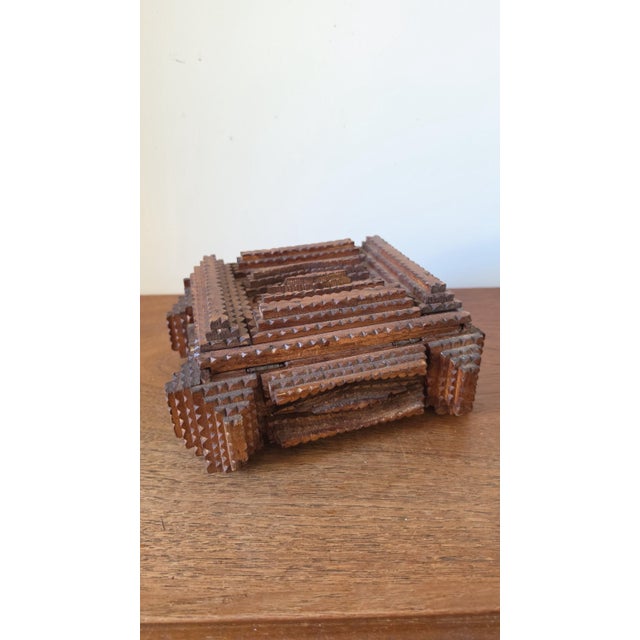 Wood Vintage Tramp Art Wooden Box, Hand Carved Folk Art Jewelry Box, Layered Chip Carved Rustic Storage Box, Primitive Decor For Sale - Image 7 of 9