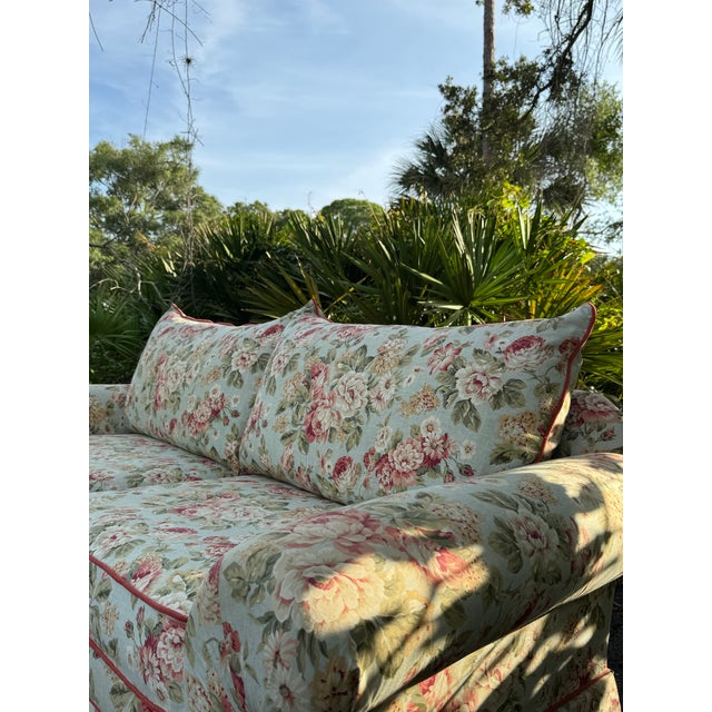 Textile Vintage English Cottage Floral Upholstered Sofa | Grandmillennial Skirted Couch | Custom Floral Loveseat For Sale - Image 7 of 7