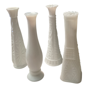 Set a Four Vintage Milk Glass Bud Vases Dash Assorted Patterns Mid-Century Collection