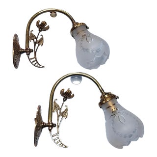 Pair Vintage Art Nouveau Wall Sconces in Brass & Frosted Glass Shade Ship Light For Sale