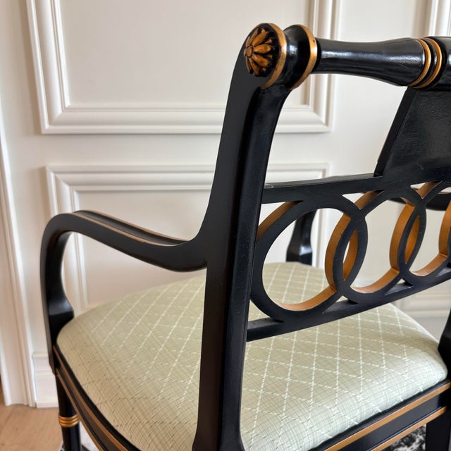 Black 1980s Pair Regency Style Hickory Chair Co. Black & Gold Armchairs For Sale - Image 8 of 12