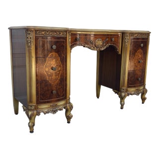 Mid 20th Century French Provincial Vanity Desk | Hollywood Regency Burl Walnut Marquetry & Gilt Bombe Dressing Table For Sale