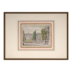 18th Century Neoclassical Old Master Style Courtyard Pen and Ink Drawing With Watercolor
