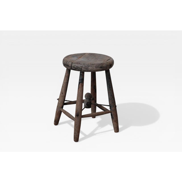 1920s French Rustic Workshop Stool With Iron Stretcher For Sale - Image 4 of 18