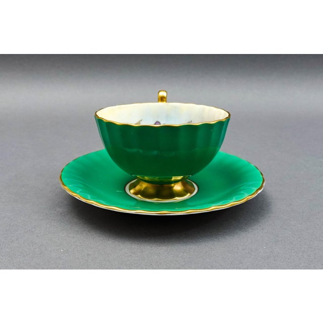 Anysley j.a. Bailey Signed Vintage Pink Cabbage Rose Green Gold Tea Cup & Saucer For Sale In Miami - Image 6 of 12