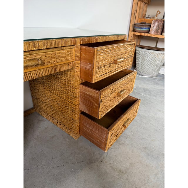 1970's Vintage Boho Coastal Wrapped Rattan Writing Desk For Sale - Image 9 of 18