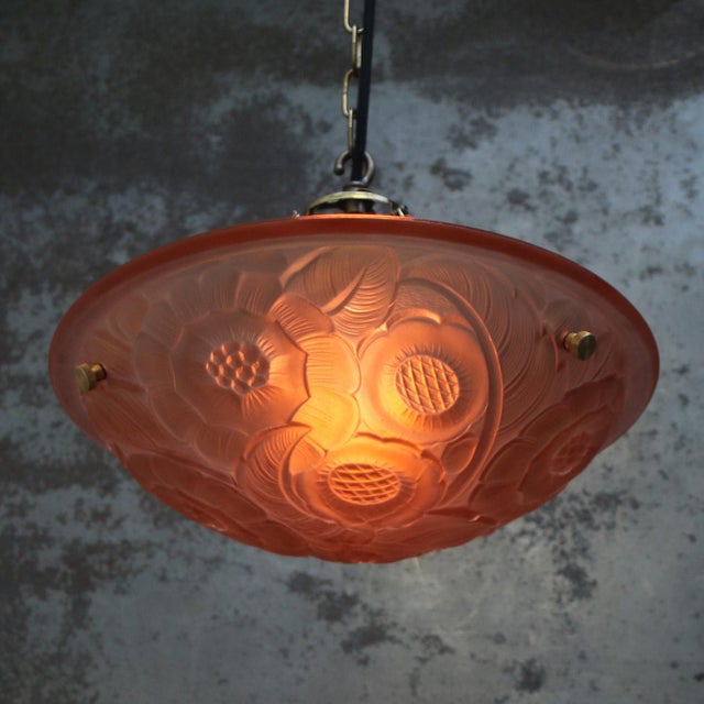 Art Nouveau French Brass and Pink Pressed Glass Pendant Light, 1920s For Sale - Image 4 of 8