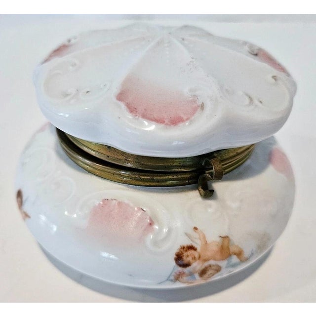 Traditional Antique Victoria Austria Vanity Powder Trinket Box Cherubs Hinged 4.25" Vintag For Sale - Image 3 of 5