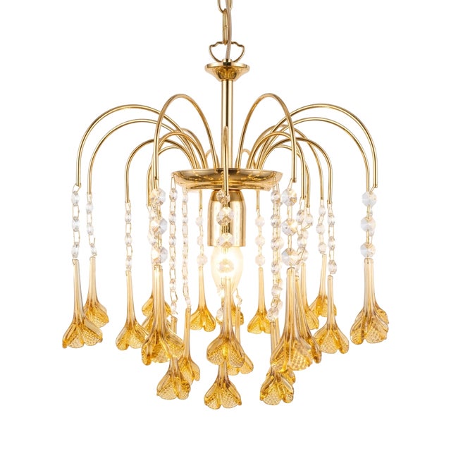 Vintage Gold Rain Chandelier with Crystals and Handmade Murano Glass Flowers, Italy, 1966 For Sale