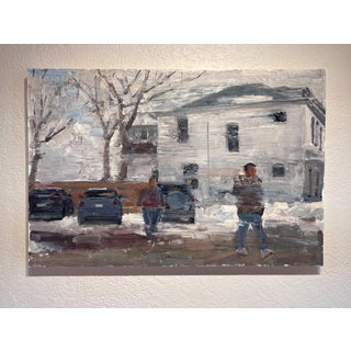 Cold Walk by Clyde Steadman | Oil on Board Two figures walking past a snowy street and houses. For Sale