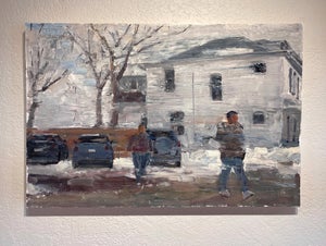 Cold Walk by Clyde Steadman | Oil on Board Two figures walking past a snowy street and houses.