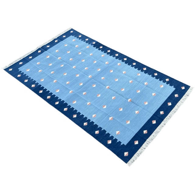 Handmade Cotton Natural Vegetable Dyed Reversible Sky Blue Orange Star Rug Dhurrie - 10'x14' For Sale - Image 12 of 12