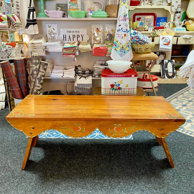 American Vintage Danish Style Handcrafted Folk Art Wood Bench With Hand Painted Designs For Sale - Image 3 of 14