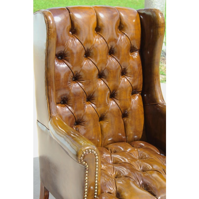 Burnt Umber Vintage Tufted Faux Leather Wingback Armchair – Chesterfield Library Chair For Sale - Image 8 of 18