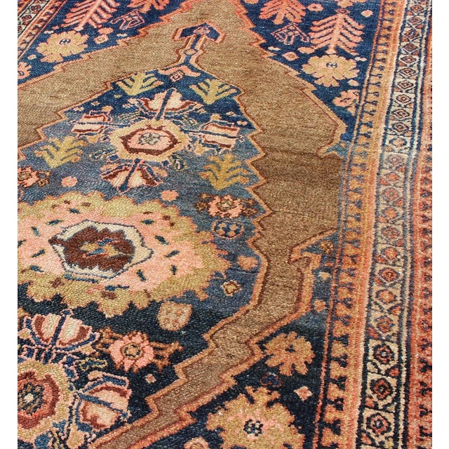 Textile Tribal Medallion Design Antique Persian Serab Rug in Camel and Shades of Blue For Sale - Image 7 of 13