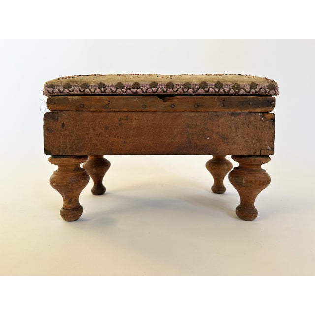 1890s Antique Primitive Needlepoint and Turned Wood Feet Footstool For Sale - Image 4 of 10
