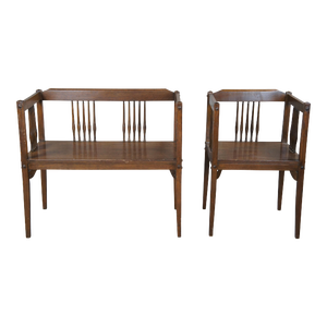 Mid 20th Century Vintage Mission Style Arts & Crafts Oak Spindle Settee & Chair Set- 2 Pieces
