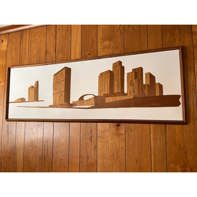 1960s Mel Quimby Attr. 1960s Wood Veneer Cityscape Silhouette Framed Wall Art For Sale - Image 5 of 12