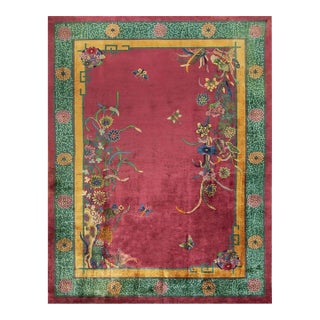 1920s Fuschia Open Field Floral Modern Antique Chinese Art Deco Knotted Wool Rug For Sale
