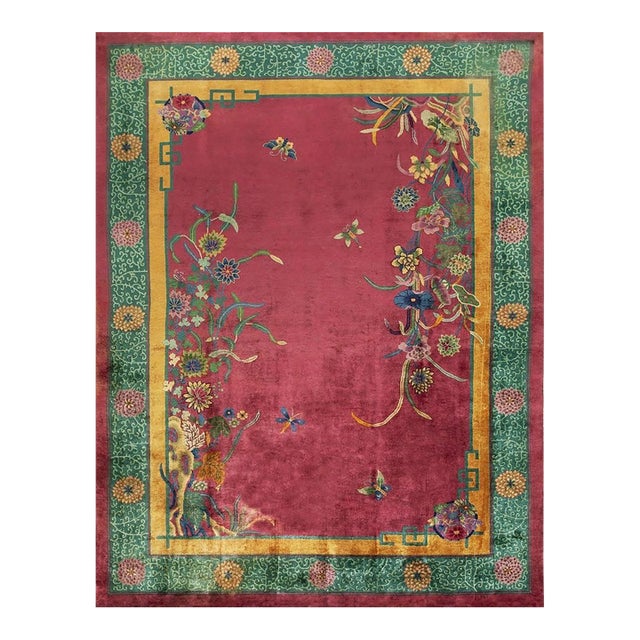 1920s Fuschia Open Field Floral Modern Antique Chinese Art Deco Knotted Wool Rug For Sale