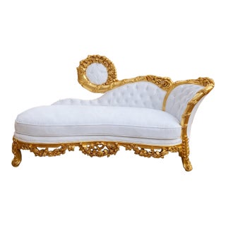 1970s Artisan Louis XVI Gold Beech White Leather Chaise-1 Pc For Sale
