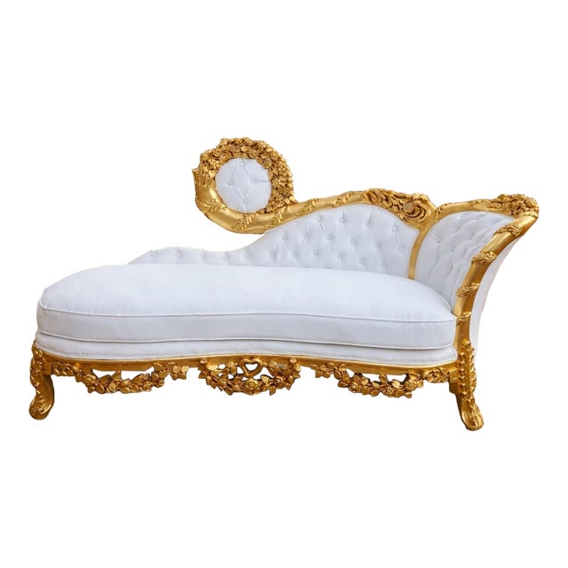 1970s Artisan Louis XVI Gold Beech White Leather Chaise-1 Pc For Sale