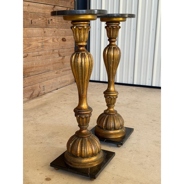 Wood Pair of Neoclassical Gilt Wood Pedestals With Black Marble Tops For Sale - Image 7 of 12