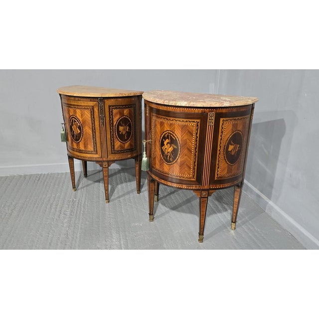 A very nice neat pair of French Demi loon single door cabinets, standing on brass feet, and with marble tops, excellent...