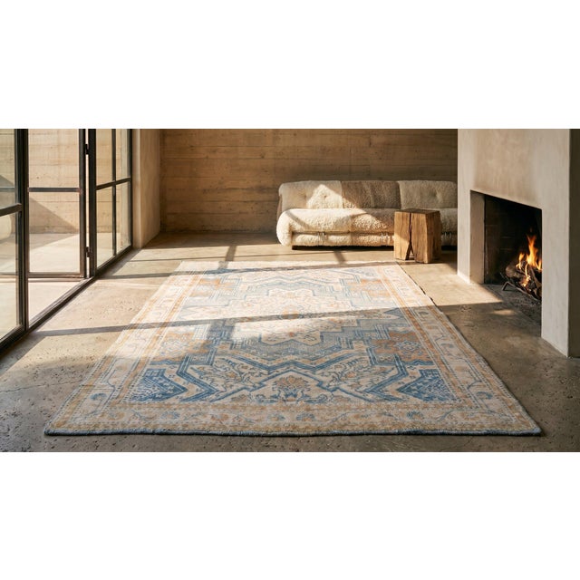 1920s Soft Blue Ivory Tan Antique Indian Agra Cotton Rug 4'3" X 6' Geometric Carpet For Sale - Image 9 of 9