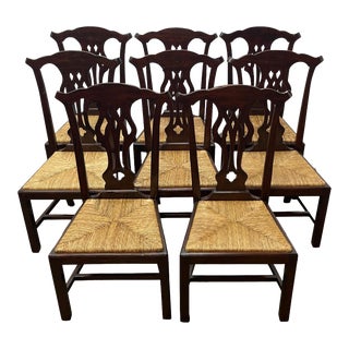 Vintage Furniture Classics Limited Rustic Chippendale Style Mahogany Rush Seat Dining Chairs - Set of 8 For Sale