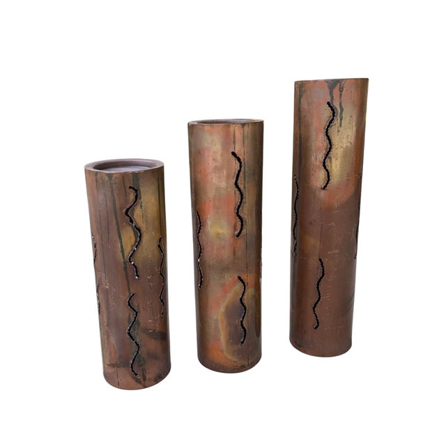 Tom Greene 1960s Brutalist Torched Cut Copper Metal Pillar Candle Holders-Set of 3 For Sale - Image 4 of 12
