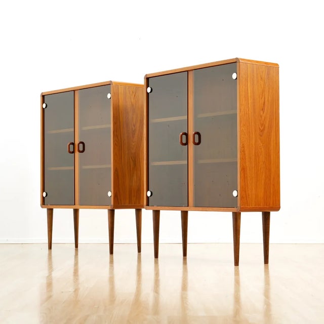 Brown 1960s Pair of Mid Century Teak Display Cabinets For Sale - Image 8 of 10