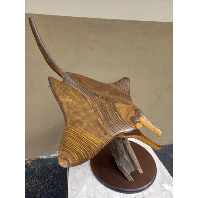 Coastal Vintage Wooden Manta Ray Sculpture on Wooden Stand For Sale - Image 3 of 5