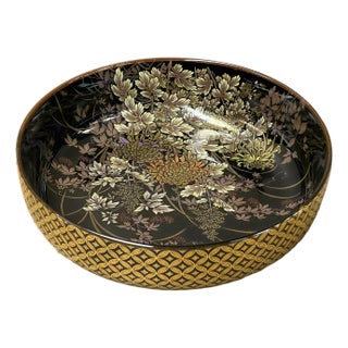 9" Oriental Black Glaze Porcelain Flat Bowl Golden Flower Graphic For Sale