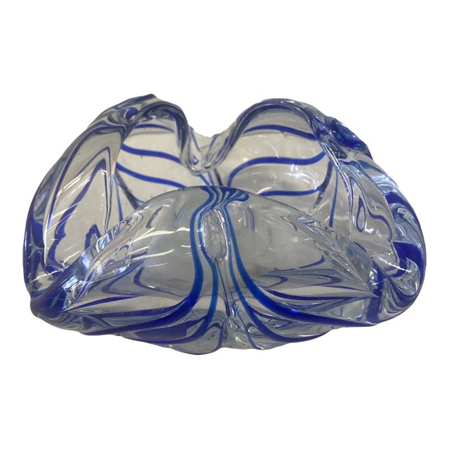 1980s Murano Style Triangular Bowl With Cobalt Detail For Sale