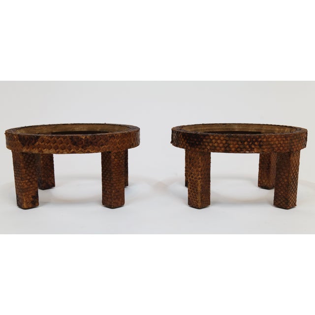 Late 19th Century Pair of Vintage Mint Green Ceramic Planters on Wrapped Wood Stands For Sale - Image 5 of 17
