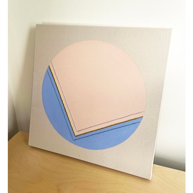 Contemporary Original Painting | Cornflower Blue and Pink Circle Abstract Painting by Emily Keating Snyder, 20 X 20 In. For Sale - Image 3 of 4