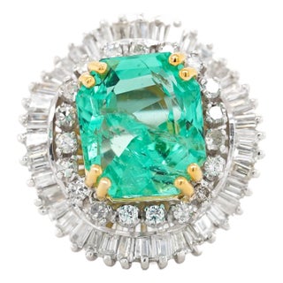9.17 Carat Octagon Chivor Emerald & Diamond Palladium Ballerina Ring, Size 7 For Sale