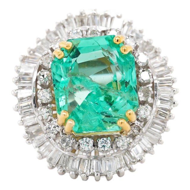 9.17 Carat Octagon Chivor Emerald & Diamond Palladium Ballerina Ring, Size 7 For Sale