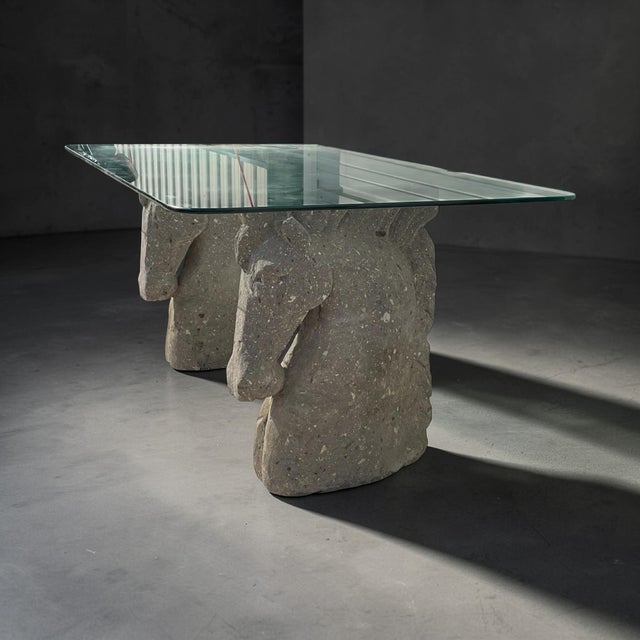 Vintage Custom Chisled Stone/Concrete Horse Head, Glass Top Desk/Table For Sale - Image 12 of 13