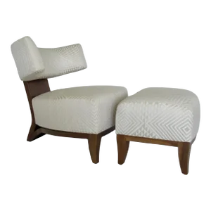 C2010 Donghia Walnut "Egos," Klismos-Style Lounge Chair & Ottoman With Donghia "Nomad," Jacquard Textile -Set