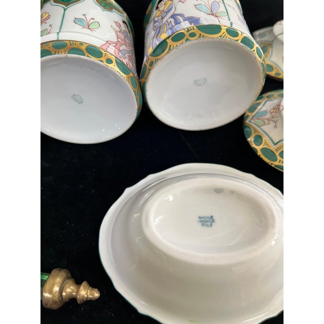 Vintage Sherle Wagner Italian Hand-Painted Chinoiserie 4-Piece Vanity Set - Malachite Green & 24k Gold - Rare Recessed Tp Holder For Sale - Image 10 of 11