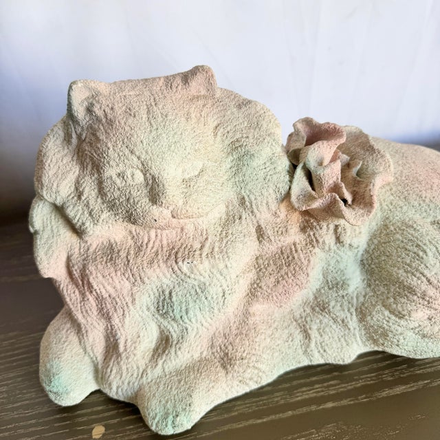 Postmodern Vintage Pink White and Green Ceramic Cat Sculpture For Sale - Image 3 of 8