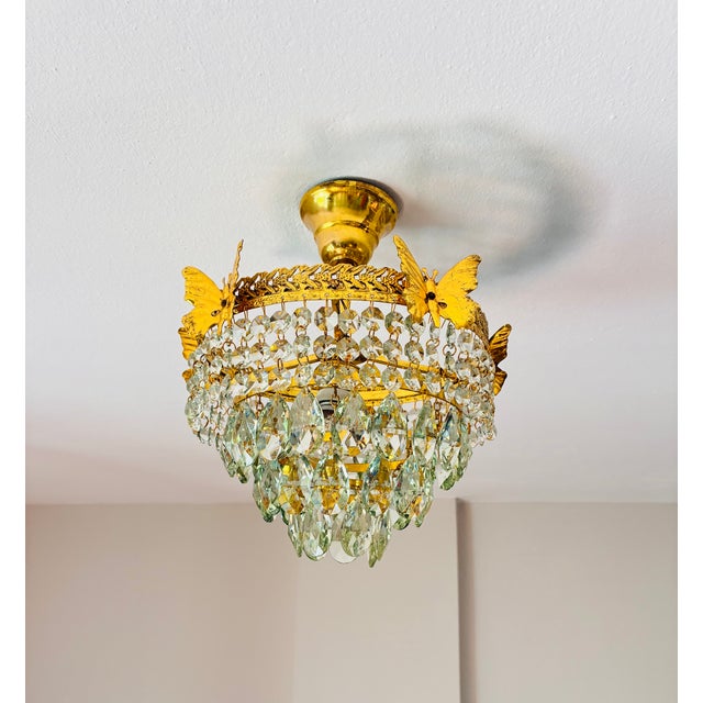 Vintage Brass Butterfly Flush Mount Light, Vintage Hand-Painted Light Green Crystal Basket Chandelier, Dramatic Radial Shadow Display For Sale - Image 10 of 15