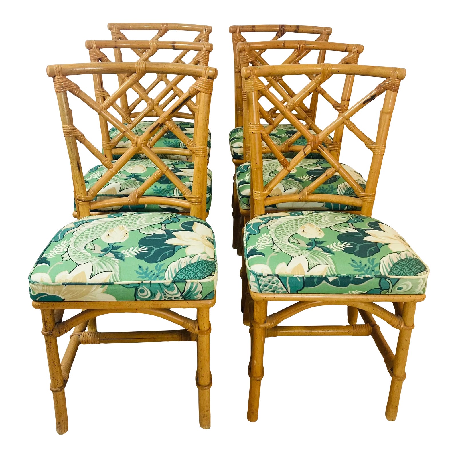 Vintage Coastal Rattan Dining Chairs, Reupholstered, Set of Six Chairish